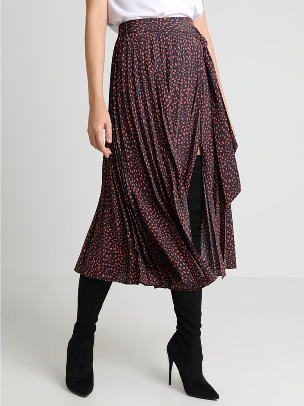 Topshop Black Midi Skirt with Red Dot Print